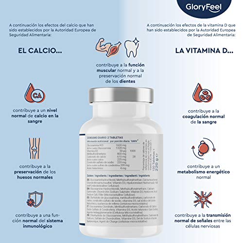 Glucosamina 1.600mg con Condroitina, MSM, Ácido hialurónico, Vitamina D3 y Calcio - Alta dosificación - Apoyo articulaciones y cartílago - 120 Comprimidos
