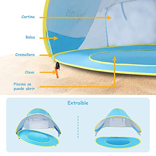 Glymnis Tienda Playa Bebe Pop up Tienda de Bebé con Piscina para Infantil Carpa Plegable Portátil Protección Sol Anti UV 50+ Ventilación Gran Tamaño 120 * 80 * 70cm
