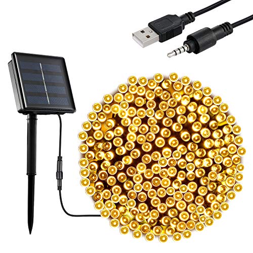 Guirnalda Luces Exterior Solar, OxyLED 200 LED Luces Solar de Navidad 8 modos USB Recargable Solares Cadena de Luces Decoración Iluminación para Arbol de Navidad, Jardín, Boda (blanco cálido)