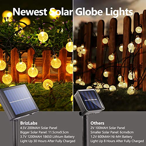 Guirnalda Luces Solares Exterior, BrizLabs 20M 100 LED Cadena de Luces Solar Bola de Cristal Impermeable 8 Modos Interior Luces Navidad Iluminación para Jardín Terraza Patio Boda Fiesta, Blanco Cálido