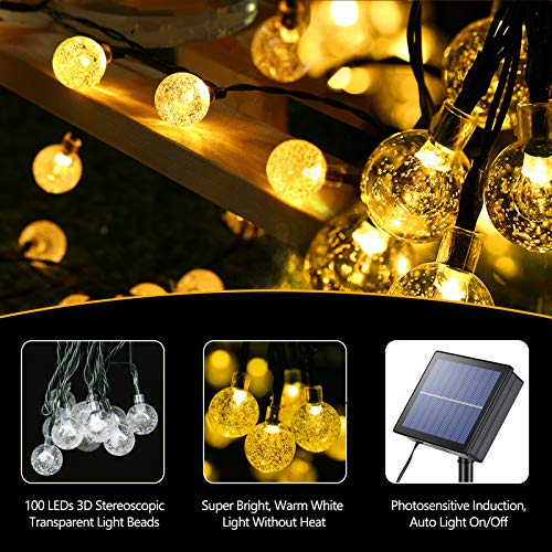 Guirnalda Luces Solares Exterior, BrizLabs 20M 100 LED Cadena de Luces Solar Bola de Cristal Impermeable 8 Modos Interior Luces Navidad Iluminación para Jardín Terraza Patio Boda Fiesta, Blanco Cálido