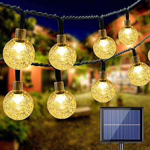 Guirnalda Luces Solares Exterior, BrizLabs 20M 100 LED Cadena de Luces Solar Bola de Cristal Impermeable 8 Modos Interior Luces Navidad Iluminación para Jardín Terraza Patio Boda Fiesta, Blanco Cálido