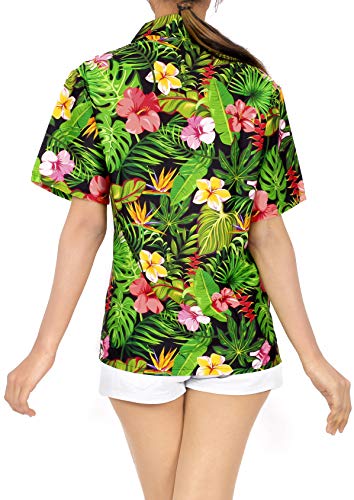 HAPPY BAY Camisa más tamaño botón hacia Arriba Hibisco de Las Mujeres Blusa de Flores Hawaiana Playa Impresa Halloween Negro_AA92 L - ES Tamaño :- 46-48