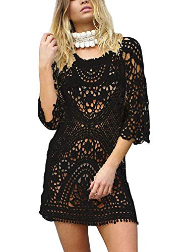 heekpek Mujer Pareos Playa Traje de Baño Vestido de la Playa Bikini Cover up Camisola de Playa Larga Mangas V-Cuello Hueco Borlas Vestido de Kaftan Crochet Pareos