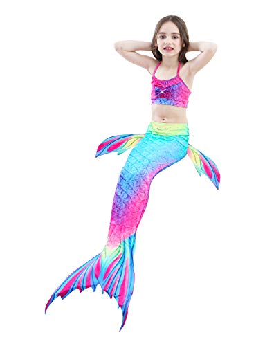 Hifunbay Cola de Sirena Niña para Nadar Incluido Traje de Sirena Baño de Bikini de 3 Piezas y Diadema con Guirnaldas de Flores sin monoaleta (DH02-B07, 110)