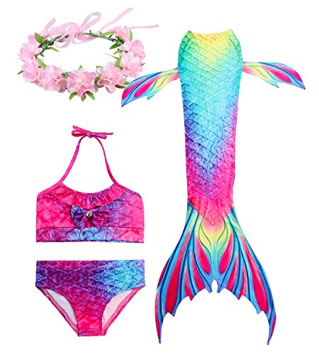 Hifunbay Cola de Sirena Niña para Nadar Incluido Traje de Sirena Baño de Bikini de 3 Piezas y Diadema con Guirnaldas de Flores sin monoaleta (DH02-B07, 110)