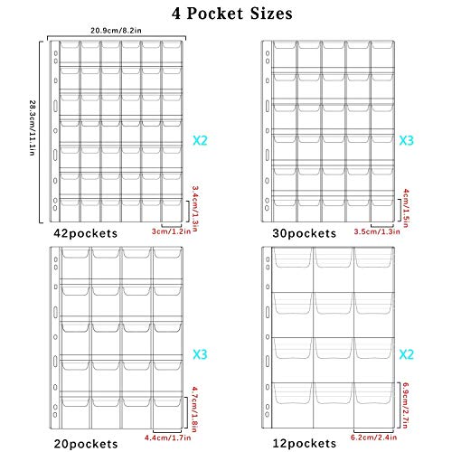 Homgaty - 10 hojas de colección de monedas de plástico, fundas protectoras de monedas con sello de página para álbum de bolígrafos, 4 tamaños 12, 20, 30 y 42 páginas de bolsillo