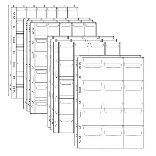 Homgaty - 10 hojas de colección de monedas de plástico, fundas protectoras de monedas con sello de página para álbum de bolígrafos, 4 tamaños 12, 20, 30 y 42 páginas de bolsillo