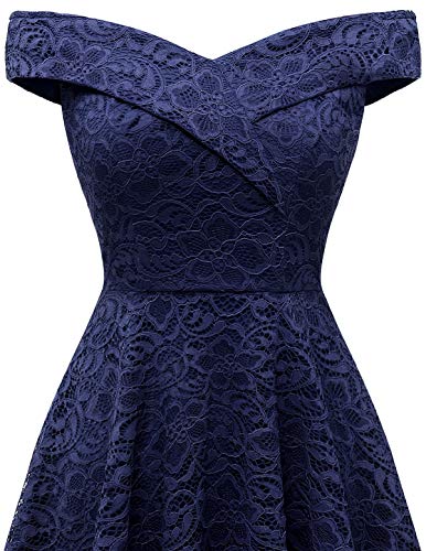 Homrain Vestido Cóctel Vintage A-línea Hi-Lo Elegante Encaje Fiesta Noche Vestido para Mujer Navy S