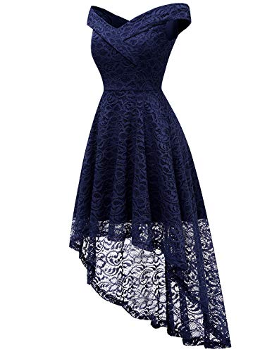Homrain Vestido Cóctel Vintage A-línea Hi-Lo Elegante Encaje Fiesta Noche Vestido para Mujer Navy S