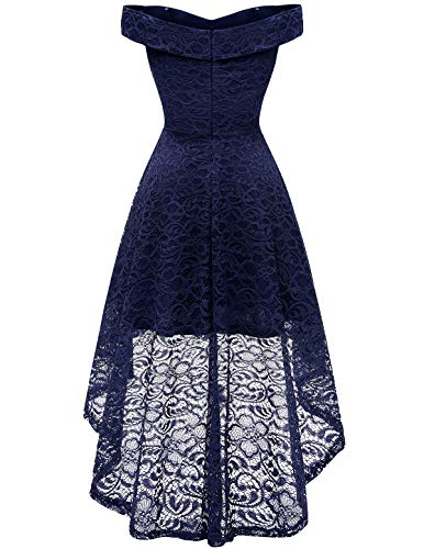 Homrain Vestido Cóctel Vintage A-línea Hi-Lo Elegante Encaje Fiesta Noche Vestido para Mujer Navy S