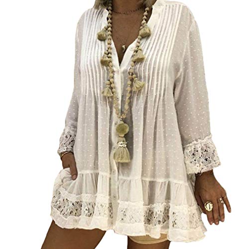 Honghu Moda para Mujer Talla Grande con Encaje Patchwork Blusa Tops Blanco 5XL
