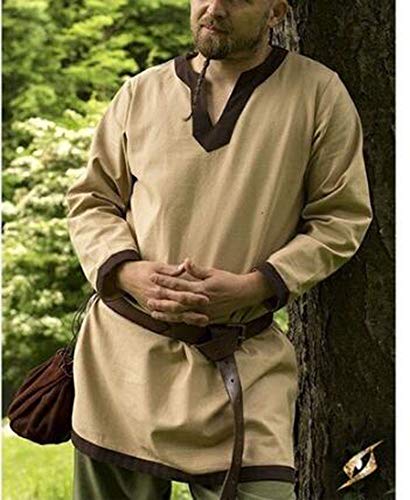 Huateng Hombre algodón Renacimiento Camisa Larga Tops túnica con Cuello en V Medieval Traje