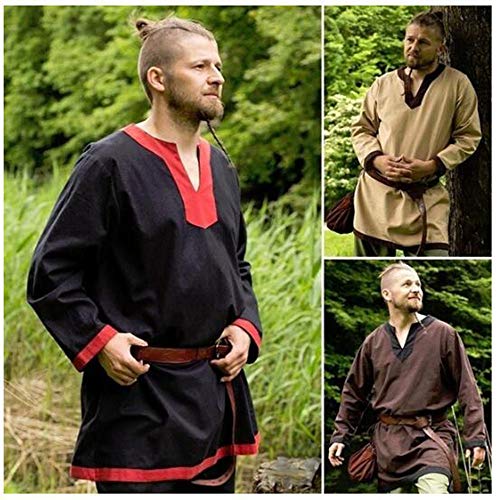 Huateng Hombre algodón Renacimiento Camisa Larga Tops túnica con Cuello en V Medieval Traje
