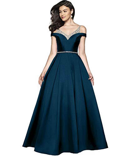 HUINI Vestidos de Noche Mujer Vestido de Fiesta Vestido Ceremonia Largo de Satén para Novia Vestido de Boda Princesa A-línea Azul Turquesa 52