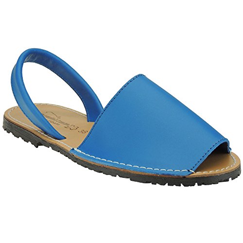 HURÁN 550 Sandalia Menorquina Piel Cosida Piso Llano para Mujer AZULÓN Talla 40