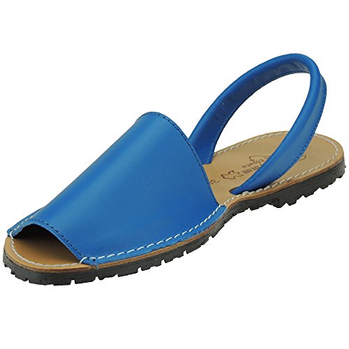 HURÁN 550 Sandalia Menorquina Piel Cosida Piso Llano para Mujer AZULÓN Talla 40