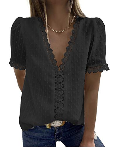HZQIFEI Camiseta de Manga Corta Mujer Verano Blusa de Encaje con Cuello en V Camisas T-Shirt Sólido Shirt Top (Negro, 3XL)