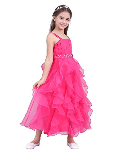 IEFIEL Vestido Largo de Ceremonia Boda Fiesta para Niña Vestido de Princesa Tutu Vestido Tirante de Gala Elegante Traje de Fiesta sin Mangas Rosa Oscuro 4 años