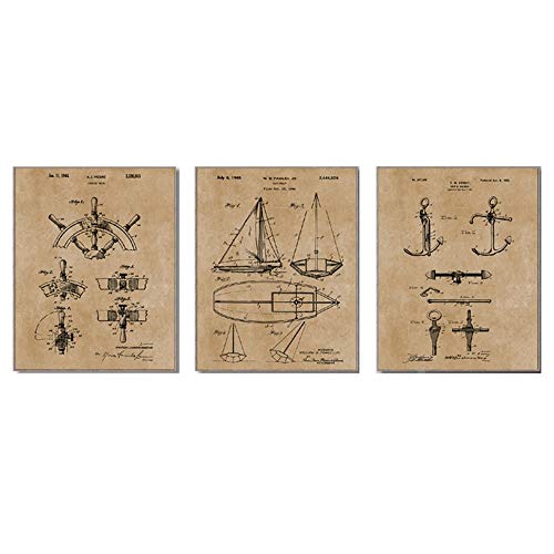 Impresiones De Patentes De Veleros - Juego De 3 - Impresión En Lienzo, Arte De Pared Para El Hogar Decoración Carteles Antiguos Ancla De Yate Barco Rueda Navegación Náutica, Sin Marco,60×90cm