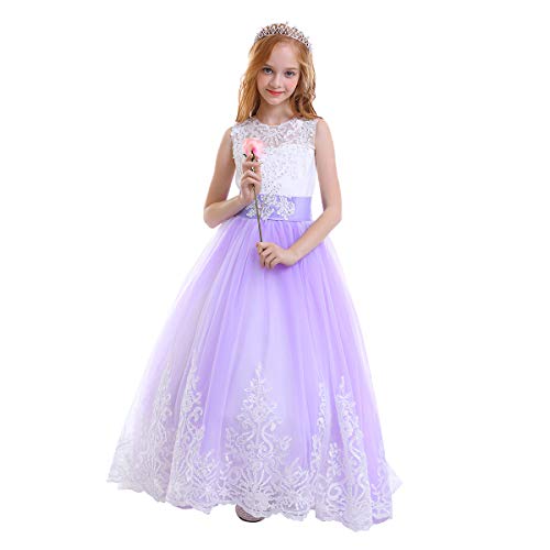 IWEMEK Princesa Appliques de Encaje Tul Vestido de Niña de Flores Boda Vestidos de Dama De Honor Vestido de Fiesta Bowknot Comunión Cumpleaños Bola Navidad Pageant Maxi Cóctel Fotografía 12-13 Años