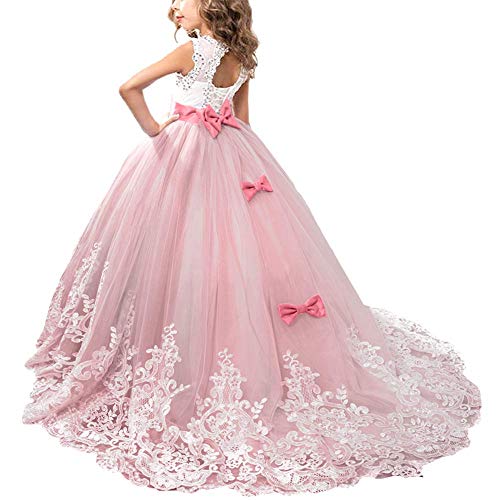 IWEMEK Princesa Appliques de Encaje Tul Vestido de Niña de Flores Boda Vestidos de Dama De Honor Vestido de Fiesta Bowknot Comunión Cumpleaños Bola Navidad Pageant Maxi Cóctel Fotografía 12-13 Años