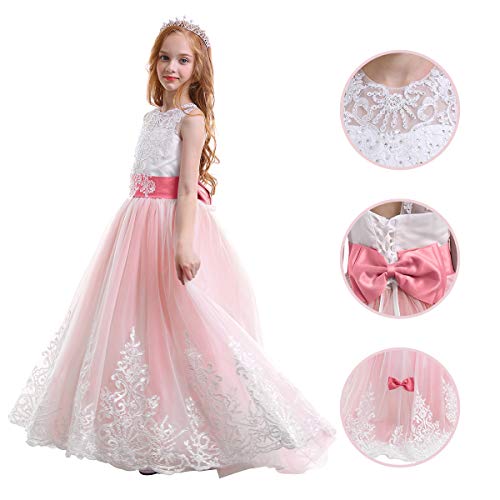 IWEMEK Princesa Appliques de Encaje Tul Vestido de Niña de Flores Boda Vestidos de Dama De Honor Vestido de Fiesta Bowknot Comunión Cumpleaños Bola Navidad Pageant Maxi Cóctel Fotografía 12-13 Años