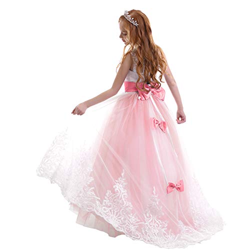 IWEMEK Princesa Appliques de Encaje Tul Vestido de Niña de Flores Boda Vestidos de Dama De Honor Vestido de Fiesta Bowknot Comunión Cumpleaños Bola Navidad Pageant Maxi Cóctel Fotografía 12-13 Años