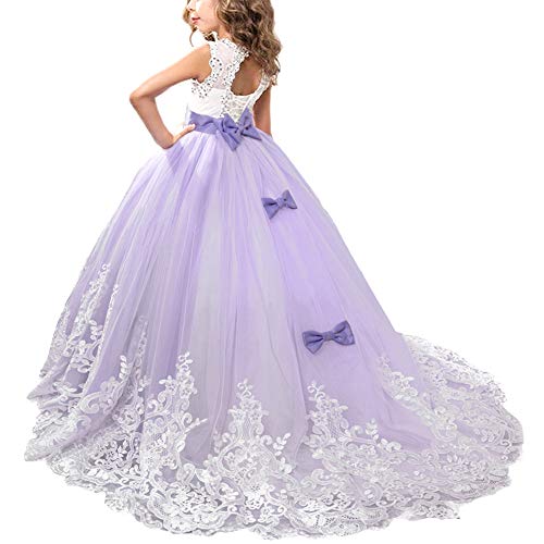 IWEMEK Princesa Appliques de Encaje Tul Vestido de Niña de Flores Boda Vestidos de Dama De Honor Vestido de Fiesta Bowknot Comunión Cumpleaños Bola Navidad Pageant Maxi Cóctel Fotografía 10-11 Años
