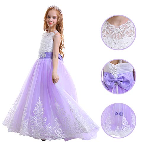 IWEMEK Princesa Appliques de Encaje Tul Vestido de Niña de Flores Boda Vestidos de Dama De Honor Vestido de Fiesta Bowknot Comunión Cumpleaños Bola Navidad Pageant Maxi Cóctel Fotografía 10-11 Años