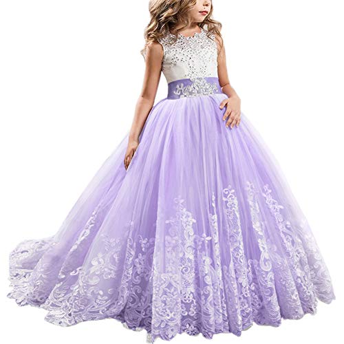 IWEMEK Princesa Appliques de Encaje Tul Vestido de Niña de Flores Boda Vestidos de Dama De Honor Vestido de Fiesta Bowknot Comunión Cumpleaños Bola Navidad Pageant Maxi Cóctel Fotografía 10-11 Años