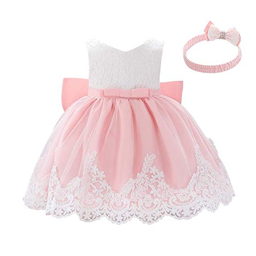 IWEMEK Vestido de encaje para bebé niña, con lazo, para dama de honor, boda, tutú, princesa, cumpleaños, fiesta, bautizo, niño, vestido formal de fiesta 01 rosa claro. 9-12 Meses