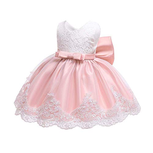 IWEMEK Vestido de encaje para bebé niña, con lazo, para dama de honor, boda, tutú, princesa, cumpleaños, fiesta, bautizo, niño, vestido formal de fiesta 01 rosa claro. 9-12 Meses