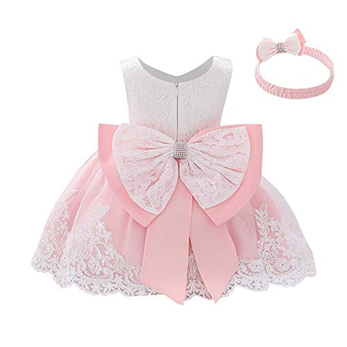 IWEMEK Vestido de encaje para bebé niña, con lazo, para dama de honor, boda, tutú, princesa, cumpleaños, fiesta, bautizo, niño, vestido formal de fiesta 01 rosa claro. 9-12 Meses