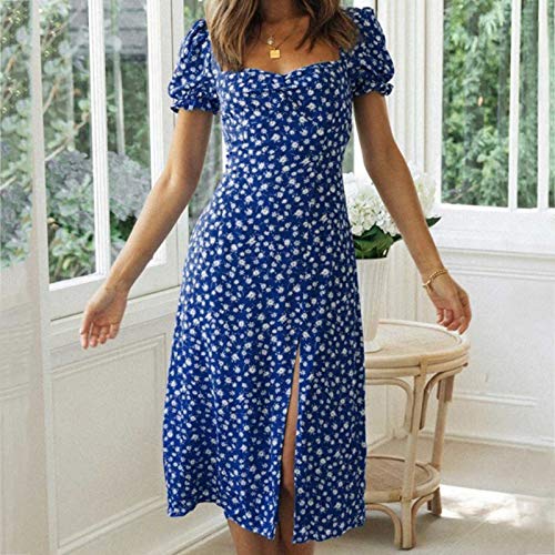 Janly Clearance Sale Vestido de mujer, de verano 2021, estampado cuadrado, manga corta, vestido de longitud media, descuentos para el Día de San Patricio de Pascua (Azul-XL)