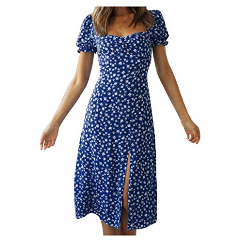 Janly Clearance Sale Vestido de mujer, de verano 2021, estampado cuadrado, manga corta, vestido de longitud media, descuentos para el Día de San Patricio de Pascua (Azul-XL)