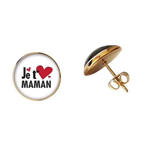 Je T'Aime Papa et Maman - Pendientes de cristal cabujón con letra francesa para madres, padres, regalo de cumpleaños