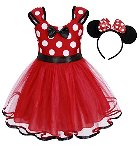 Jurebecia Vestido de Lunares + Mini Mouse Ears Diadema para niñas Princesa Bowknot Tutu Fiesta de cumpleaños Trajes 1-7 años (Rojo-A194, 2-3 años)