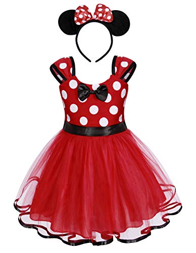 Jurebecia Vestido de Lunares + Mini Mouse Ears Diadema para niñas Princesa Bowknot Tutu Fiesta de cumpleaños Trajes 1-7 años (Rojo-A194, 2-3 años)