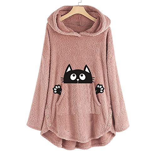 KEERADS - Chaqueta de forro polar para mujer, monocolor, con capucha, parka, cortavientos, abrigo de invierno, chaqueta de felpa con capucha y bolsillos, tallas grandes Rosa-a. XXL