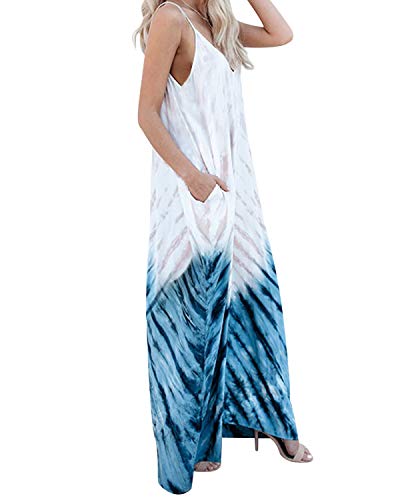 kenoce Vestidos Largos Mujer Vestidos Playa Cuello en V Bohemia Estilo Estampados Florales con Bolsillos Vestido sin Mangas Vestido sin Espalda Sexy y Elegante D-Blanco M