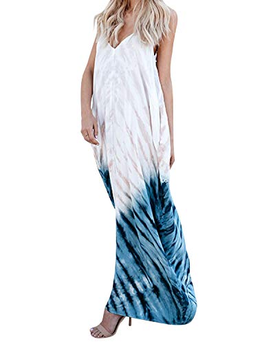 kenoce Vestidos Largos Mujer Vestidos Playa Cuello en V Bohemia Estilo Estampados Florales con Bolsillos Vestido sin Mangas Vestido sin Espalda Sexy y Elegante D-Blanco M