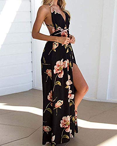 kenoce Vestidos Largos Mujer Vestidos Playa Cuello en V Bohemia Estilo Estampados Florales con Bolsillos Vestido sin Mangas Vestido sin Espalda Sexy y Elegante K-Nero 2XL