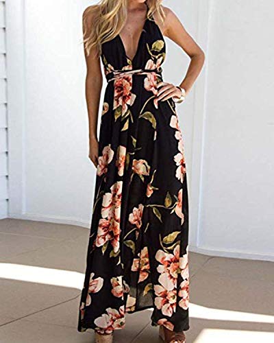 kenoce Vestidos Largos Mujer Vestidos Playa Cuello en V Bohemia Estilo Estampados Florales con Bolsillos Vestido sin Mangas Vestido sin Espalda Sexy y Elegante K-Nero 2XL