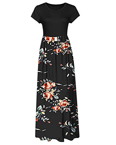 Kidsform Vestidos Mujer Verano Manga Corta Cuello Redondo Vestidos Largos Verano Casual Floral Vestido Elegante D-Negro Flor L