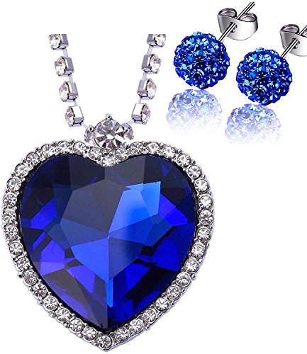 Kim Johanson Juego de joyas de acero inoxidable para mujer, diseño de corazón del océano, collar y pendientes Shamballa con circonitas, incluye paquete de regalo
