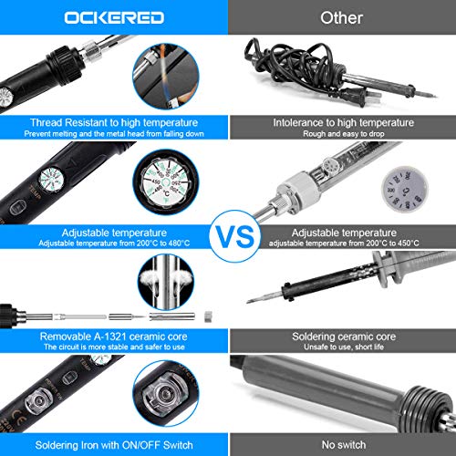 Kit del Soldador,ockered 60W 220V Soldador de estaño,Temperatura Ajustable 200℃~480℃,5pcs Puntas Diferentes,Soporte,Alambre de Soldadura 30g para el Uso Diversamente Reparado