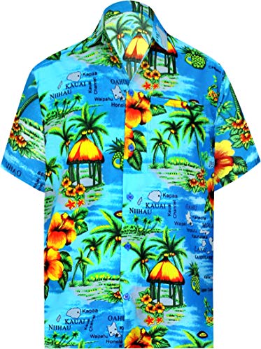 LA LEELA Hawaiana Camisa para Hombre Señores Manga Corta Bolsillo Delantero Surf Palmeras Caballeros Playa 4XL-(in cms):162-167 Azul del Trullo_W195