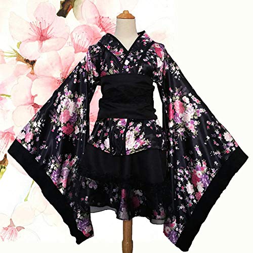 Las Mujeres S Atractivo del Kimono Sakura Anime del Traje De Kimono Japonés Tradicional De Impresión De La Vendimia Tradición Original Seda Yukata Vestido S-XXXL Hyococ (Color : Black, Size : XXXL)