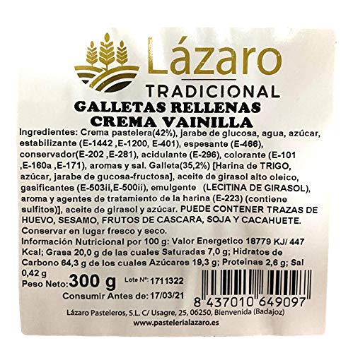 Lázaro Galletas Fritas Rellenas de Crema de Vainilla, Limón, 300 Gramos, 8 Unidades